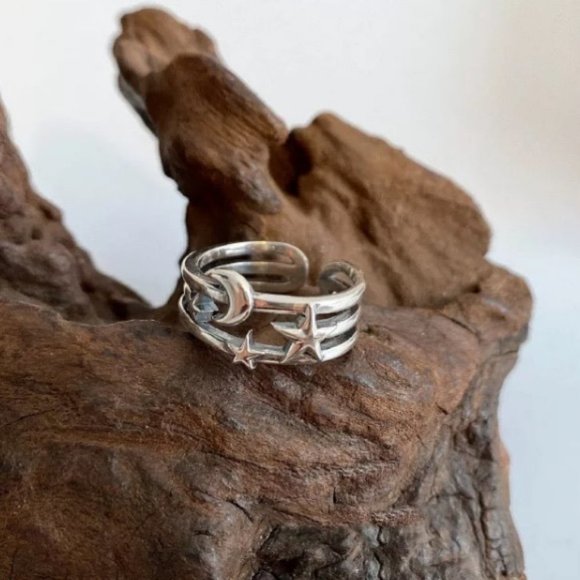 925 Sterling Silver Moon Star Adjustable Ring A - Picture 2 of 6
